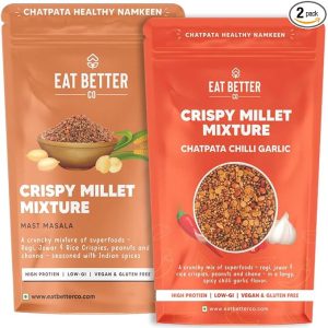 Eat Better Co – Crispy Millet Mixture – Chatapata Healthy Namkeen – Ragi, Jowar, Rice Crispies roasted with Peanuts & Channa (Chilli Garlic & Mast Masala Combo Pack, Pack of Two – 200 grams)