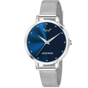 Blue Dial Silver Band Stainless Steel Chain Analog Wrist Watch for Women