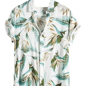 Fashion Shirt for Men | Tropical Leaf Printed Rayon Shirts for Men | Preppy Short Sleeves | Spread Collared Neck | Perfect for Outing | Beach | Camp Wear Shirt for Boys