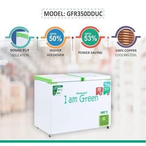 ROCKWELL 310 Ltr, 5 Star, Convertible GREEN Deep Freezer, Double Door, with 10 yrs. Warranty on Cooling Coil and Upto 53% Power Saving – GFR350DDUC