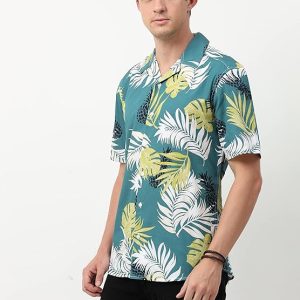 GLORYBOYZ Half Sleeve Printed Shirts for Men Relaxed Fit Tropical Leaf Hawaiian Stylish Men’s Casual Shirt Button Down Collared Neck Goa Beach Vacation Casual Summer Shirts for Men Plus Size S to 6XL