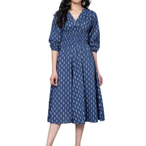 Bani Women Printed 3/4th Sleeves Cotton Midi Dress for Women, V Neck Floral Printed Long Kurti,Stylish Design Kurtis for Office/Party/College