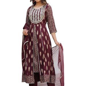 JD Finishing Rayon Printed Kurta with Pants & Dupatta Set for Women Long Middle Cut Kurtis Girls Stylish Latest New Trending Design Anarkali Kurta Ankle Lenght Straight Kurta