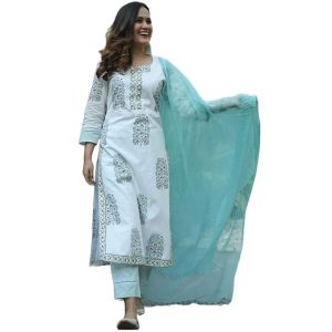 GoSriKi Women’s Cotton Blend Straight Printed Kurta with Pant & Dupatta