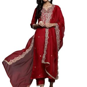 INDO ERA Women’s Viscose Embroidered Straight Kurta With Pant & Dupatta Set