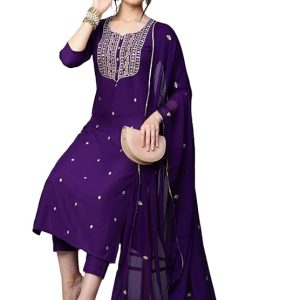 GoSriKi Women’s Cotton Blend Embroidered Straight Kurta with Pant & Dupatta