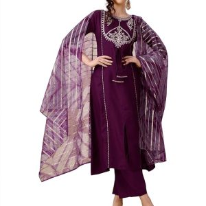 EthnicJunction Women’s Chinon Embroidered Straight Front Slit Kurta Palazzo & Organza Dupatta Set