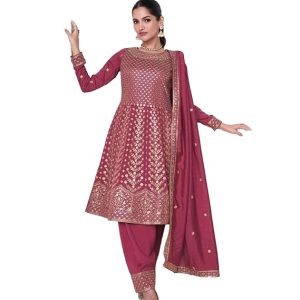 Miss Ethnik Women’s Pink Vichitra Silk Stitched Top with Stitched Vichitra Silk Bottom and Vichitra Silk DupattaFull Sleeve Embroidered Flared Kurta