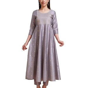 VAROHANA Women’s A-Line Flared Foil Printed Soft Silk Grey Kurti (VAR-VA0073_Parent)