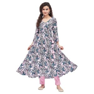 Tissu Women’s Rayon Multicolored Floral Printed Angrakha Kurta