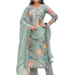 GoSriKi Women’s Cotton Blend Straight Printed Kurta with Pant & Dupatta
