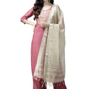 INDO ERA Women’s Cotton Blend Solid Straight Kurta Palazzo With Dupatta Set