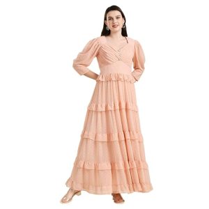 madhuram Women and Girls Georgette Butti V-Neck Puff Sleeve Anarkali Kurti (M-2344)