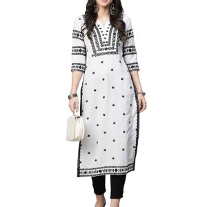 GoSriKi Women’s Cotton Blend Chikankari Embroidered Straight Kurti