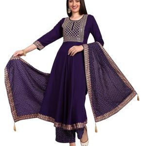 Naixa Women’s Violate Rayon Embroidered Flared Kurta with Pant and Printed Dupatta Set, Fashionable and Stylish for Casual Outings, Special Occasions or Festive Celebrations
