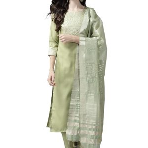 INDO ERA Women’s Cotton Blend Solid Straight Kurta Palazzo With Dupatta Set