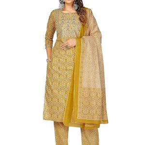 Vbuyz Women’s Embroidered & Sequience Work Straight Cotton Stitched Kurta Pant with Dupatta