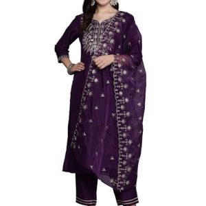 INDO ERA Women’s Embroidered Straight Kurta & Pant With Dupatta Set (KH9SG7797)