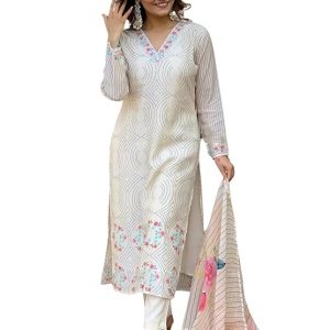 Naixa Women’s Cream Premium Organza Embroidered and Printed Straight Kurta with Viscose Rayon Pant and Premium Organza Printed Dupatta Sets