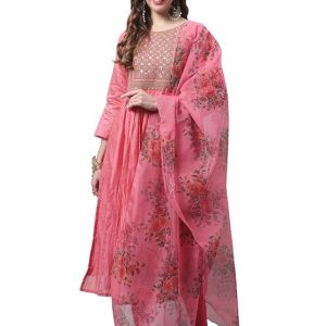 VredeVogel Women’s Chanderi Modal Butti Straight Kurta With Stretchable Leggings & Organza Dupatta Set