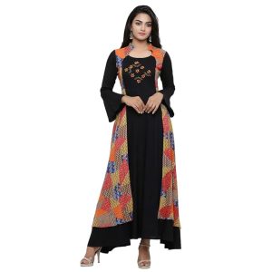 Yash Gallery Women’s Viscose Shrug Style Printed Embroidered Anarkali Regular Kurta