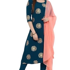 Janasya Women’s Poly Crepe A-Line Kurta with Pant and Dupatta