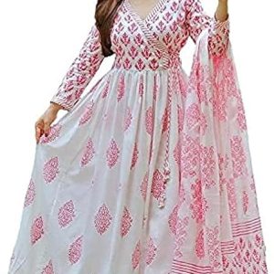 MEERA FAB Women’s Cotton Printed White Anarkali Kurta with Palazzo & Dupatta Set