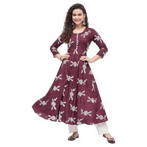 Tissu Women’s Rayon Maroon & White Floral Printed A-Line Kurta