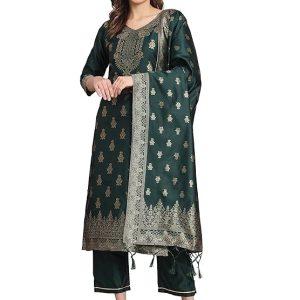 VredeVogel Women’s Cotton Silk Jacquard Kurta Pant Set with Banarasi Silk Dupatta