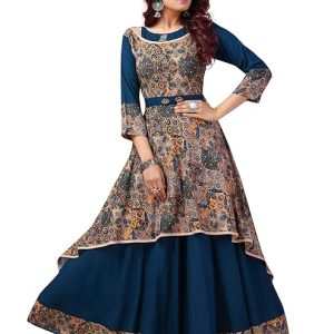 madhuram textiles Women’s Anarkali Long Kurti and Simple Style, Round Neck 3/4th Sleeve Fully Stitched Plain Printed Long Kurti for Women Rayon Dress and Ankle Length