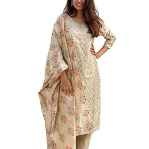 GoSriKi Women’s Cotton Blend Embroidered Straight Kurta with Pant & Dupatta