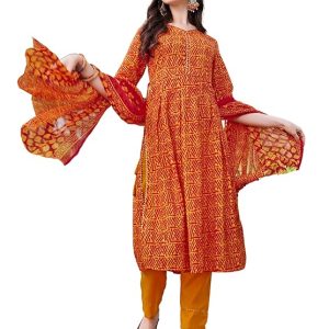 EthnicJunction Women’s Geometric Print Cotton Blend A-Line Kurta Pant with Dupatta Set