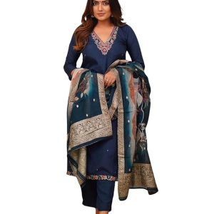 Naixa Women’s Viscose Silk Blend Embroidered Straight Kurta with Viscose Silk Blend Pant and Jaquard Laced Dupatta Sets