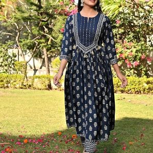 PUKHYA Womens Muslin Printed Fit & Flare Kurta with Pant and Dupatta Set
