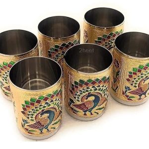 2heet Stainless Steel Handmade Meenakari Peacock Design Decorative Glass Set for Home Traditional Indian Style Set of 6 Glass (Golden Color), 250 ml