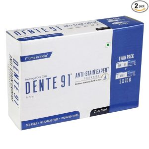 Dente91 Anti-Stain Expert Toothpaste for Stain Removal & Teeth Whitening | Protects against Dental Caries & Strengthens Enamel | Reduces 63% stains in just 3 days | 140g (2 X 70g)