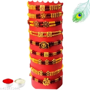 Multicolor Combo of 10 Designers Rakhi Set for Men with Roli Chawal Rakhi for Brother
