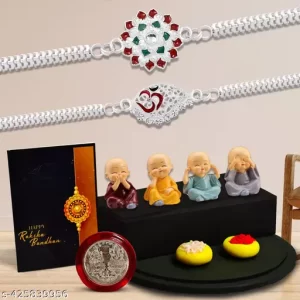 Periapt Multicolor 2 Rakhi Combo with Baby buddhas, Silver Color Pooja Coin, Roli Chawal & Greeting Card, stylish rakhi for brother, rakhi with gift, handmade rakhi, Set of 2 Rakhi (K2_A36+A63_4781)