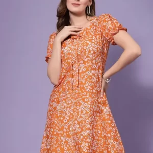 OOMPH Women’s Floral Round Neck Orange Dresses