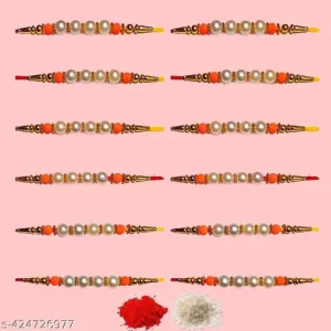 COMBO OF 12 PICE BEAUTIFUL ALAMPATA WHITE STONE RAKHI WITH ROLI CHAWAL Rakhi is very attractive the material of the Rakhi is also good the package of Rakhi