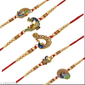 Peacock with Meenakari Combo Rakhi Pack of 5 with Roli Chawal & Greeting Card for Brother on Rakhi