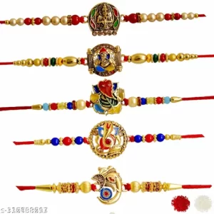 Ganesha Design Bracelate Combo Set of 5 Rakhi with Roli Chawal n Gift Card Rakhi for Brother / Rakhi for Kids
