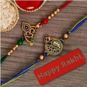 Rakhi Set Of 2 Multi Colour Peacock/Om Rakhi With Rakshabandhan Card