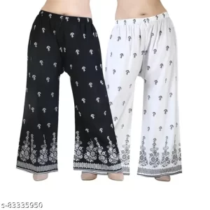White Printed Palazzo Pants For Women’s Girl’s Wideleg Western Wear Free Size’s Color White Black