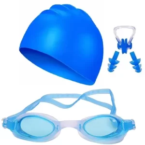 Manogyam 100% Silicone Anti Fog Swimming kit of Goggles,Cap,earplug & noseplug Set- Ideal for All Age Group | Silicone Non Slip | Easy to Carry and Skin Friendly (BLUE)