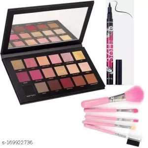 Sensational ROSE GOLD eyeshadow Makeup kit with 18 Exciting Smudge Proof Shades + One 36H Deep Black Waterproof Sketch Eyeliner + 5 Expert Makeup Brushes (Pack of 7 )
