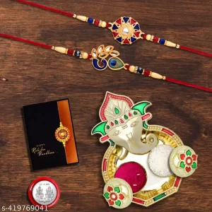 Periapt Multicolor 2 Rakhi Combo With Dish, Silver Color Pooja Coin, Roli Chawal & Greeting Card, Occasion, Stylish Rakhi For Brother, Rakhi With Gift, Handmade Rakhi, Set Of 2 Rakhi (K2_535+536_AA3)
