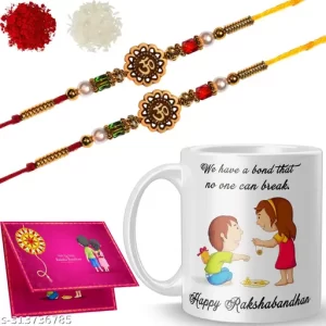 PASHUPATASTRA Gifts Happy Rakshabandhan Printed Mug With ( 2 Dora Rakhi , Roli Chawal , Card )Brother Sister, Raksha Bandhan Gifts Rakhi Mug (D44-D3) Ceramic Coffee Mug 325ml