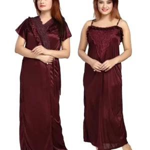 Qunity Women’s Satin Full-Length Lace Nighty with Robe/Sleep Wear/Night Gown, Free Size (Maroon)