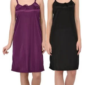 Trendy Women Solid Satin Nightdress Nighty Set (Purple, Black)